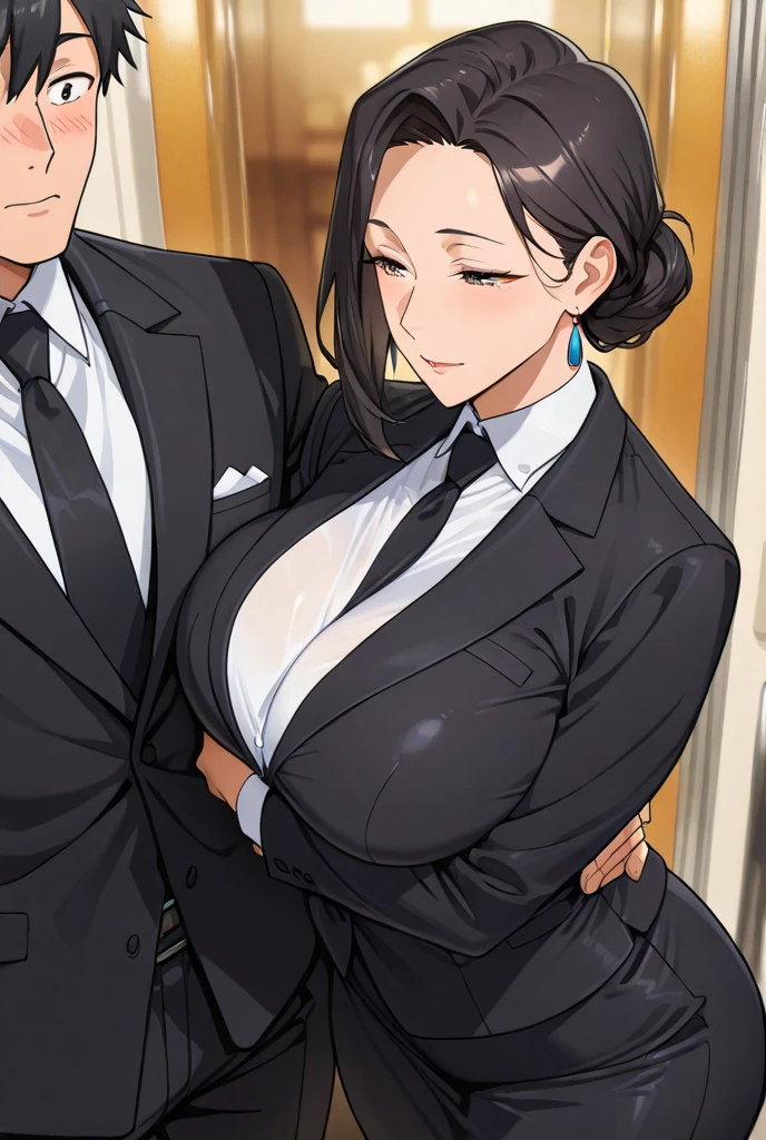 In the dimly lit room, the married mercenary couple exchanged a knowing glance, their faces masked by mirrored sunglasses. The woman, very curvy, large firm breasts, wide hips, naked, breasts and nipples exposed, throws herself into her husband's arms. He, dressed in a tailored suit, stood rigidly at first before finally yielding, his hands coming to rest on her waist. Their bodies pressed together, the man's firm back providing a sense of safety and security as they shared a whispered word. The woman's fingers grazed the man's chest, feeling the steady, powerful heartbeat beneath his cool exterior and the warmth of his body.

The man,