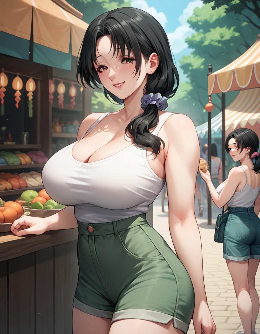 Realistic, masterpiece, Highest quality, (Beautiful Eyes), One high school girl,Sexy pose、(((Burstingly Big Breasts:1.5)))、((Tight abdomen))、 Huge breasts, Sweat, night, Outdoor, Vibrant restaurant, Micro bikini in, String-only micro bikini, Grin, Wet Face, Wet body, Earrings,  White apron,  Puff short sleeves,  Small tray,  Central opening, 