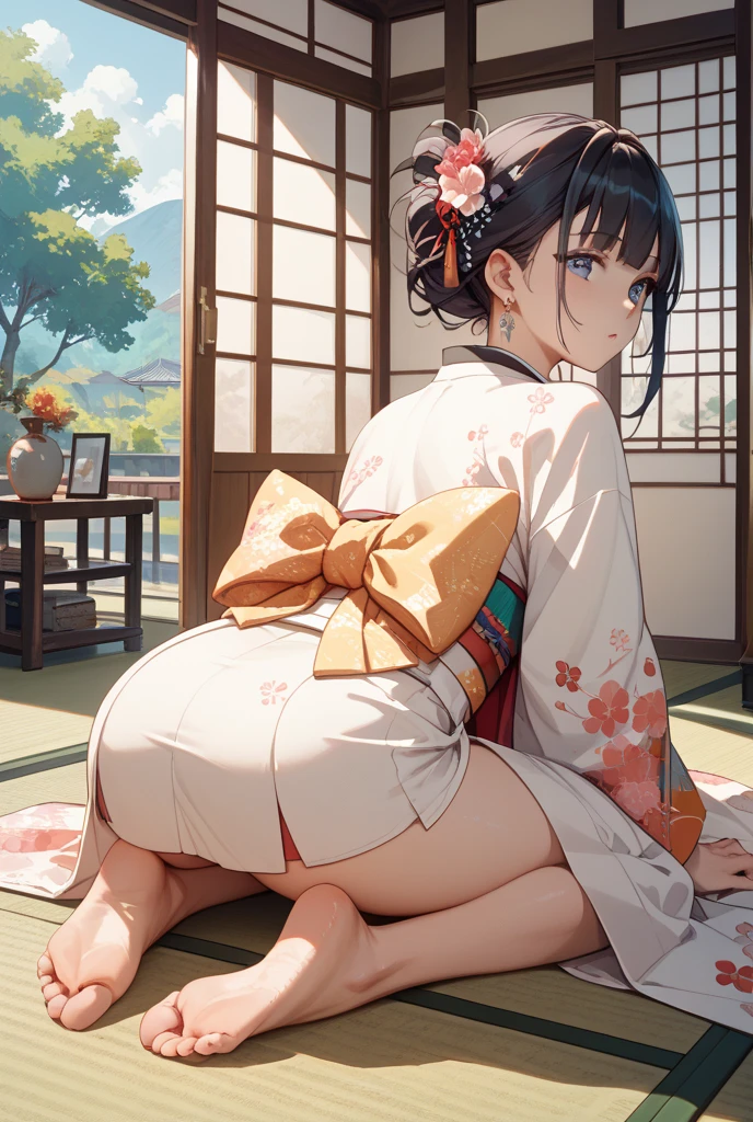 (8k、highest quality、masterpiece:1.2)、(Intricate details:1.4), Anime girl with flowers in her hair, sakimi chan, in kimono, In kimono, yukata, Anime Moe Art Style, classy yukata, Smooth anime CG art, Japanese Kimono, wear Kimono, Official artwork, 皇室のwear Kimono, wearing a simple robe, sakimichan, wear Kimono, red kimono, On all fours, Turn your butt towards the viewer, Stick your ass out, ((spread pussy:1.3))