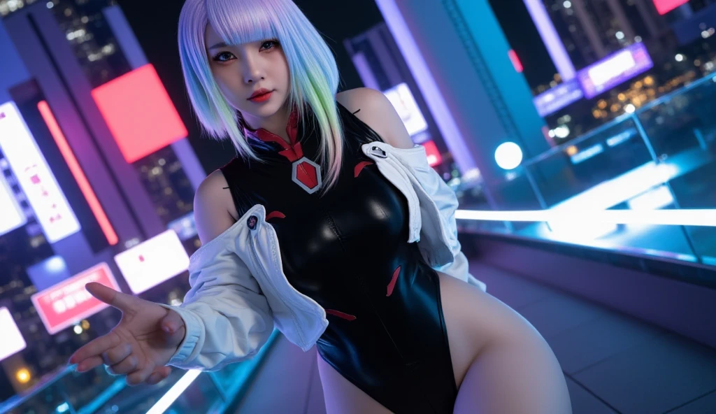 (masterpiece:1.3), (8K、photorealistic, Raw photo, best quality:1.4), (1 girl), (solo), (cute, little:1.3), (very cute face:1.2), (Symmetrical perfect face), ((beautiful silver bob cut hairstyle)), bangs, hair is messy, (intense purple eyes, strong eye highlights, realistic目, beautiful eyelashes), (wonderful smile:1.2), (flat chest:1.4), (small natural breasts:1.5), (beautiful thighs), perfect anatomy, glowing skin, (high detail skin: 1.2), dynamic angle, (Stylishly designed white long jacket)Metal belt in linear configuration, Finely crafted metal accessories, black choker, Short black boots), accurate arm, five fingers, accurate legs, black metal ornaments, (Decadent and futuristic urban background in the evening), (cyberpunk background, blade runner), (Flashing blue and purple neon tubes), volume lighting, soft light, bright, Bright colors, realistic, highest quality, photo-realistic, upper body close-up, neon rainbow hair, full clothes, long white cyber metal suit, long white coat