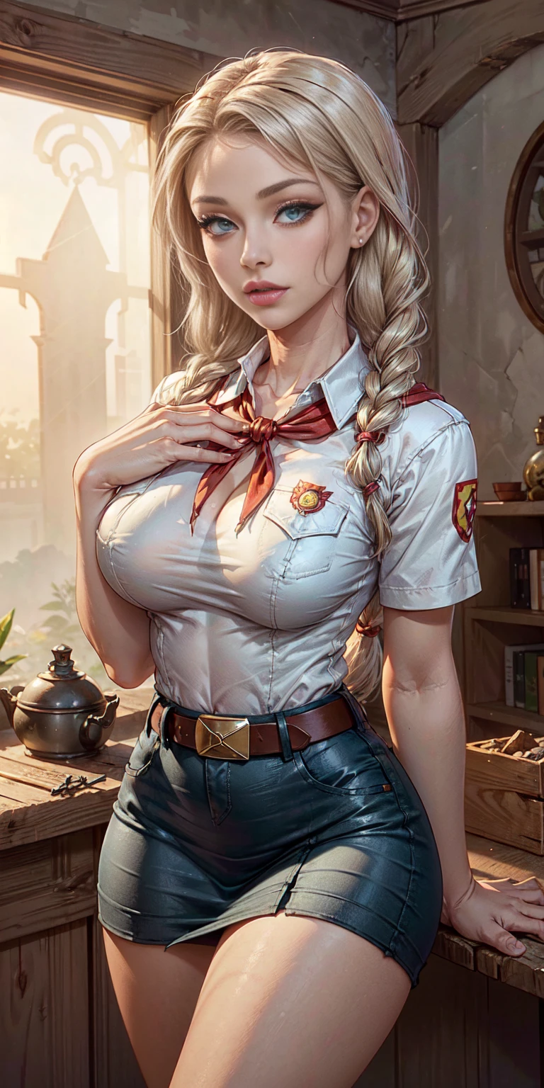 AppleJack, Applejack from my little pony, big breastes, Lush breasts, closed clothing, elastic breasts, exuberant hair, straight hair, red elastic band on the hair, samurai, kimono , smirk, serious face, Katana in hand, big iron katana, very long katana, emphasis on the sword, shiny sword, glitter sword, view from bottom, Foreshortening from the ground, fishnet stockings, apple hairpin, Green Outfit, a lot of green and red, beste-Qualit, Very detailed, Japanese farm, the trees, Apple trees