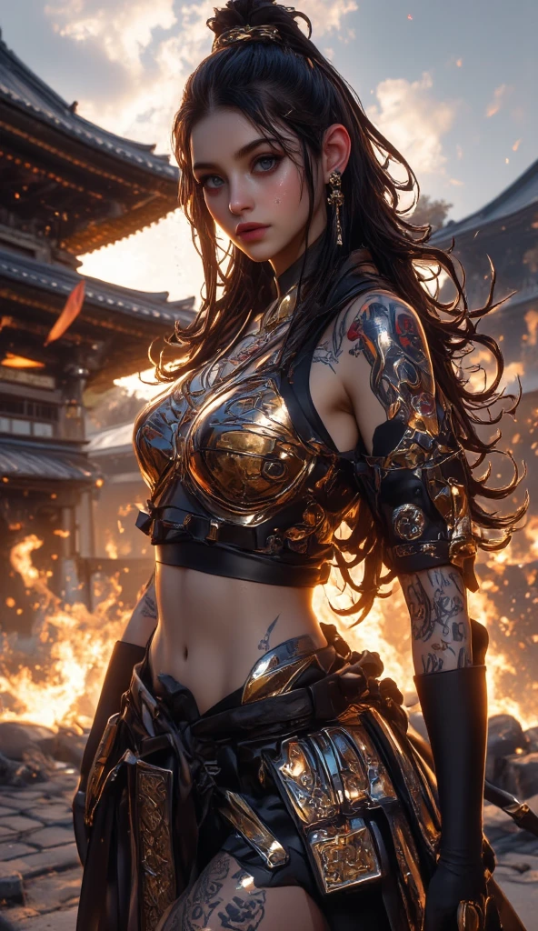 Create a hyper-realistic 3D image of a beautiful gray-eyed woman ,blacksilver hair, long golden tips  ,dressed as a warrior barbara ancient tribe cool tattoos ,  spectacular big ,with all its war ornaments , give me great dynamic warrior poses example intense defiant warrior attitude with all its ornaments , The warrior has a sword of fire and the environment is night war ,the image must be perfectly detailed, applies HDMI technologies, 1200 dpi and full definition 