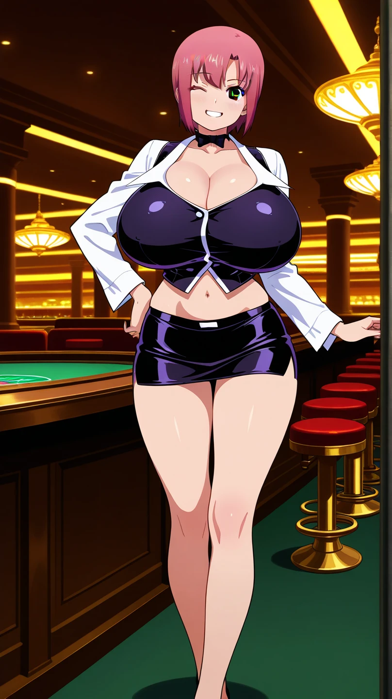 nsfw,Masterpiece、Cowboy Shot、One hand on hip、phsaber,Artoria、((Big Breasts))、(smile)、((Completely naked))、((Pastel blue sexy high leg panties))、Calm expression、(((Close your mouth)))、((Inside the casino))、Shiny Skin、(Smile)、Vivid Green Eyes、Big eyes、Detailed eyes、Toned thighs、Around 30 years old、Above the knee socks、Glamorous Girl、Sexy pose、Five fingers、