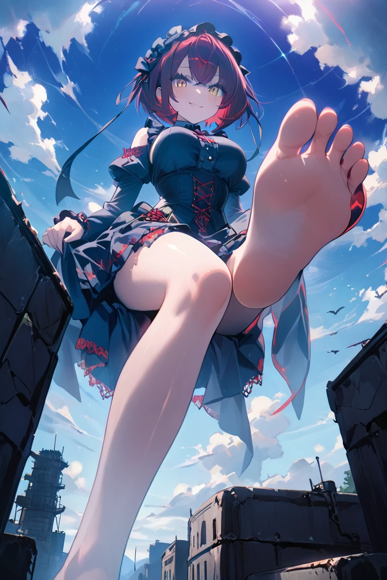 masterpiece, best quality, 1girl, solo, blush, footstomp, barefoot, foot focus, toes, foreshortening, view from below building, city, gts, looking at viewer, stepping, looming, rampage, sky, (with tiny, crowd of people:1.1), soft detailed skin