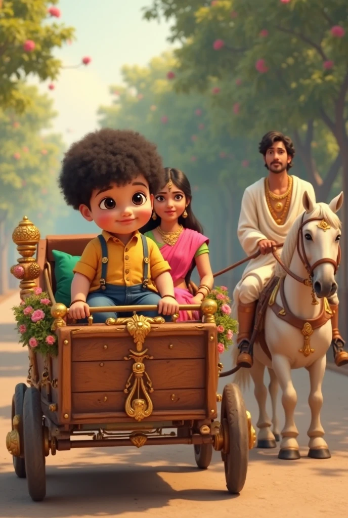 ((best quality)), ((masterpiece)), (detailed), perfect face  imagine that Shri Krishna leaving Vrindavan on a chariot, driving by ugrasen, and the villagers with Radha following the chariot