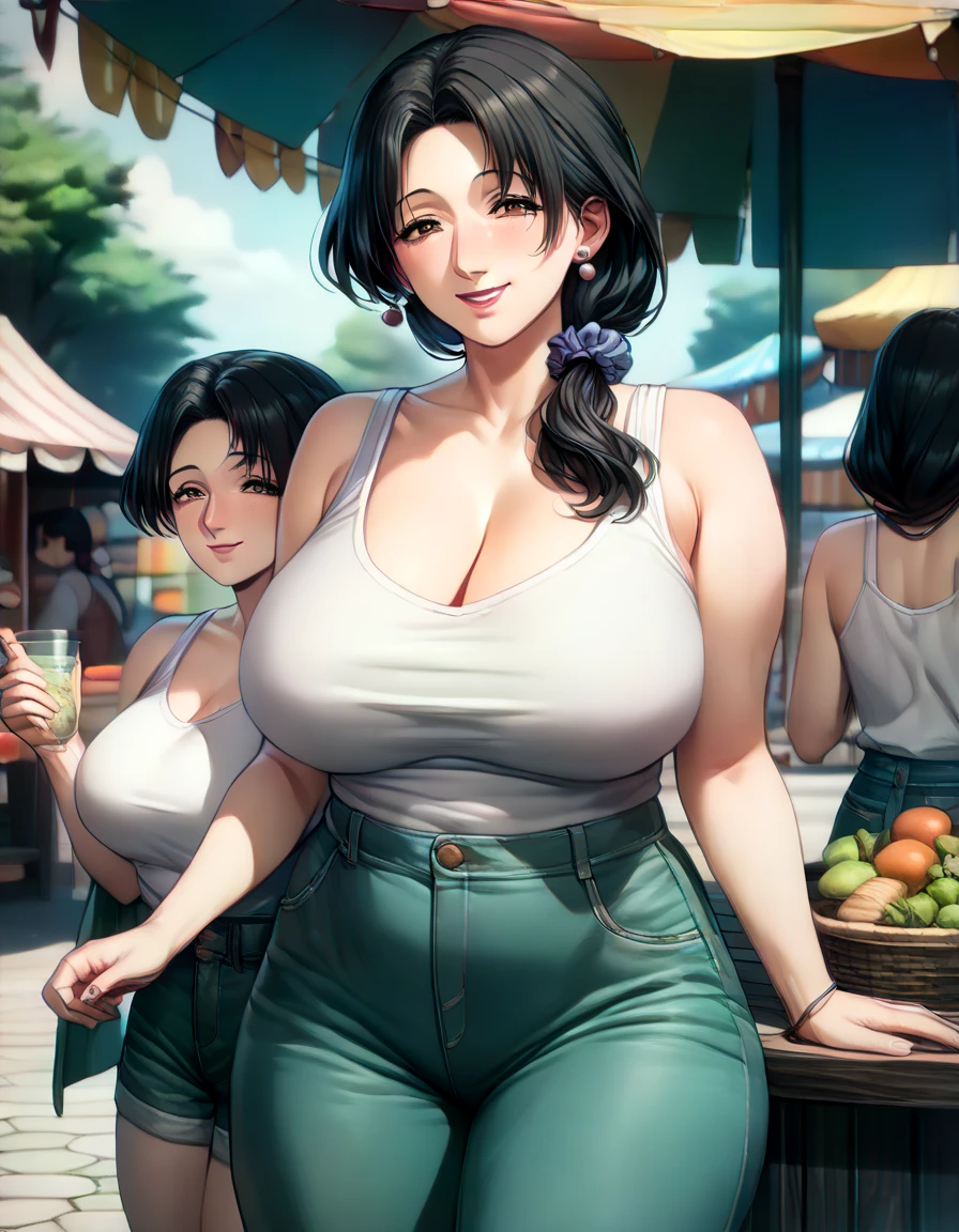 Aubrey Plaza, short black hair, choker necklace, realistic, lots of detail, blushing, embarrassed, outside, in neighborhood, wearing blue jean shorts, blue plaid crop top, standing in garden, holding breasts, holding her breasts, emphasizing her breasts, emphasize breasts,