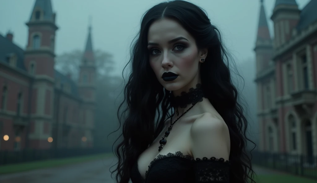 (best quality,4k,8k,highres,masterpiece:1.2),ultra-detailed,(realistic,photorealistic,photo-realistic:1.37),dark,gothic,beautiful detailed eyes,beautiful detailed lips,extremely detailed eyes and face,long eyelashes,vampire fangs,vampiric gaze,pale skin,flowing dark hair,black lace dress, seductive pose,nighttime,full moon,hauntingly beautiful,sinister atmosphere,horror,subtle facial expressions,vivid colors,sharp focus, dramatic lighting,ethereal,transformation,immortal,shadows,ominous presence,romantic,elusive,elegance,spooky,haunting,enchanted,forbidden love,supernatural,powerful presence,seductress,sorceress,undead,mythical creature, dark fantasy, macabre,horror movie, cinematic, blood red accents, mystery.