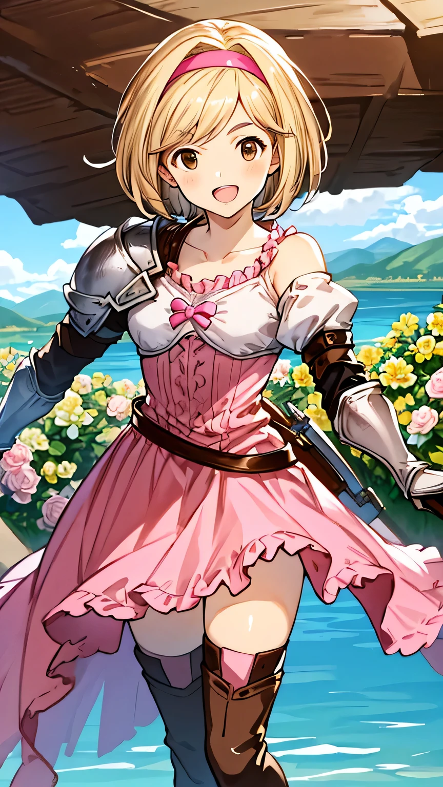 {{{masterpiece}}}, (best quality:1.5), (ultra-detailed:1.5), {illustration}, {{an extremely delicate and beautiful}}, (beautiful detailed eyes:1.6), absurdres, highres, extremely detailed face, 16k, hd, visual anime de uma jovem mulher, extremamente bonito rosto de anime, anime melhor garota, (perfect hands, perfect anatomy), anime face, djeeta, djeetadef, solo, 1girl, cute face, blonde hair, short hair, swept bangs, (pink hairband:1.2), (brown eyes:1.7), (very big eyes:1.3), medium breasts, big hips, curvaceous, BREAK, armor, pink dress, Pink Ruffled White Dress, (shoulder armor on the right:1.3), asymmetrical shoulders, puffy sleeves, collarbones, pink ribbon tie, brown arm cover, silver gauntlets, sword belt, mini skirt, pink skirt, (brown thigh boots:1.2), thighs, zettai ryouiki, BREAK, cute face, open mouth, smiling, standing on the lake, from above, outdoor, mountain, forest, flower garden, (cute gestures:1.2), mysterious
