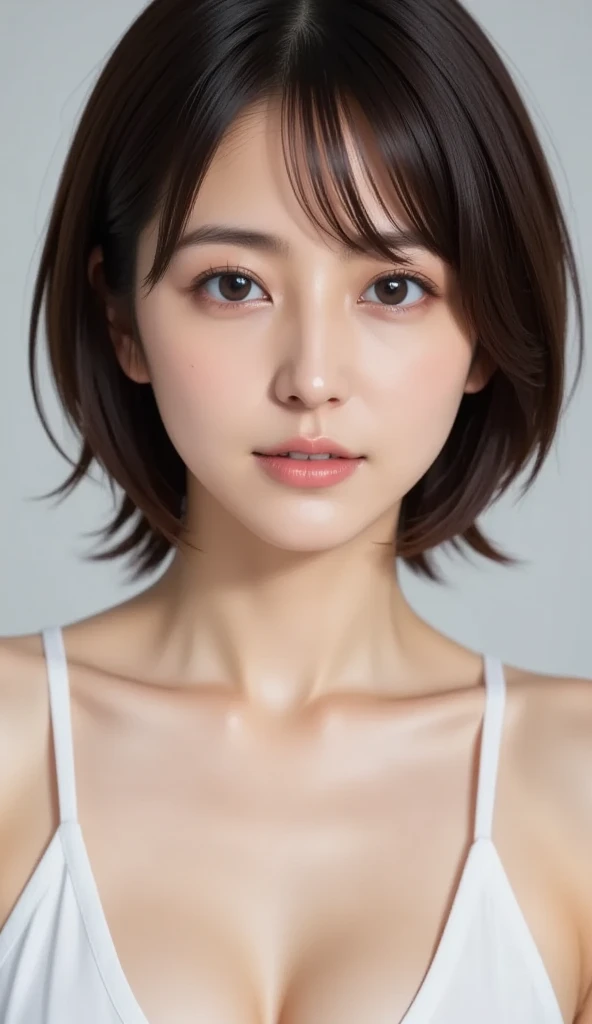 ((masterpiece, top quality, high definition)), 1 girl, (photorealistic: 1.4), solo, white background, snow-white background, mouth closed, happy smile, happy smile, pretty black hair, short hair, big eyes, clear double eyelids, eyelashes, ears out, long neck, long neck, absolute area, ((face close-up)), (drawing all head, shoulders), 19 years old, Attractive proportions, shiny skin, clean collarbone, golden ratio face, perfect face, teardrop mole, mole on chest, bangs, clean bangs, lip gloss, thin lips, pale skin, naked, big breasts, small face, small face, draw all head, draw all shoulders, look down at the camera