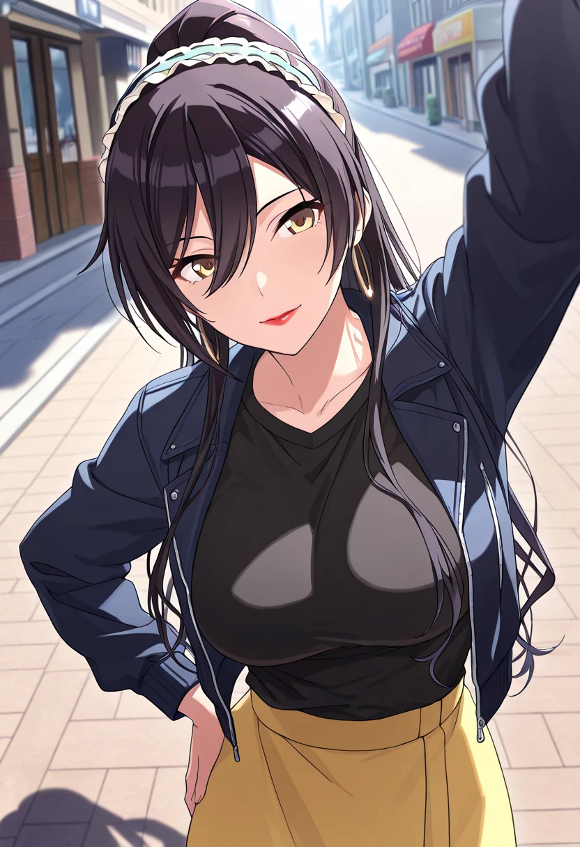 1 milf, purple slightly black hair tied up, masterpiece, best quality, highly detailed, a girls with a gun, evil smile , open mouth, sexy gaze, badass
pose , evil smile, smile, (nsfw) not safe for work, guns blazing, anime girl with long hair, beautiful long
haired girl, navel, evil expression, exposed belly, exposed navel, exposed midriff, exposed lower belly,
long black pants, crop top, cleavage, unbuttoned leather pants ,open fly, low rise black leather pants,
leather jacket, holding a gun, outdoor,street,road, navel piercing