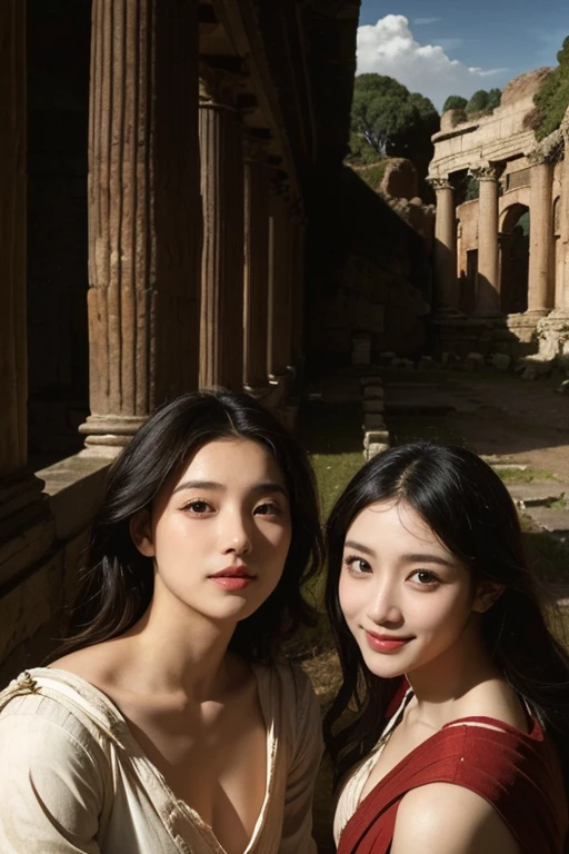 Ancient Roman ruins,Poussin-style landscape,A smile,,Sweet and seductive appearance.、Caravaggio's paintings、Chiaroscuro of Caravaggio、Hair disheveled in the wind,Two women frolicking,Cute smile, Expression of ecstasy,A sexy,Erotic