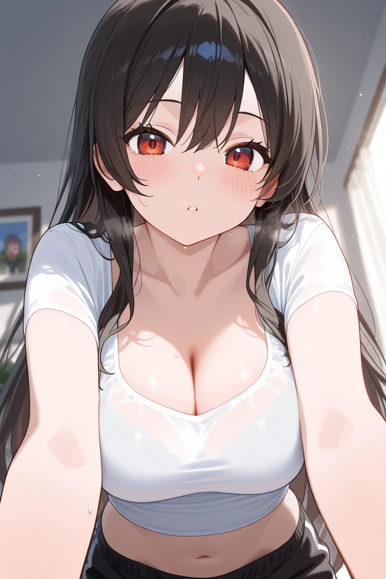 (masterpiece, extremely detailed 8k CG, sharp line:1.1), Mai Sakurajima, official art, colorful, beautiful japanese anime style big eyes, one pretty woman, light brown hair, (exposed white shirt, bottomless, detailed red thin lace mini bra, detailed red thin lace t-back panties:1.2), dark brown eyes, cute, sexy, down blouse, (from above, pov:1.3), crouch on bed:1.2, lean forward on boy, face focus, mouth open wide, (cum in mouth, cum on breast:1.4), sperm on face, Sexual arousal, nose blush, nipple erect, bukkake, hold a thick clear stick like male genitalia in mouth, wet and see-through, small hard Nipple erection:1.4, Through nipple, looking at viewer, shy, (large breasts), Cleavage, hold a thick clear stick like male genitalia:1.3,