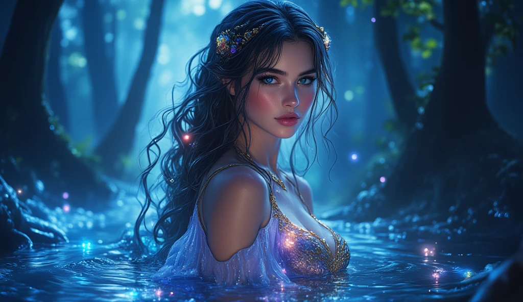 Beautiful woman made of water ，(Long water hair:1.2) ，Smoke rising from the water，Vine stirring，firefly，midnight，moonlight，Backlight， (masterpiece:1.2)， (best quality) ，(detailed) ，(complex) ，(8K)， (HDR)， (wallpaper)， (Movie Lighting) ，(Clear focus)