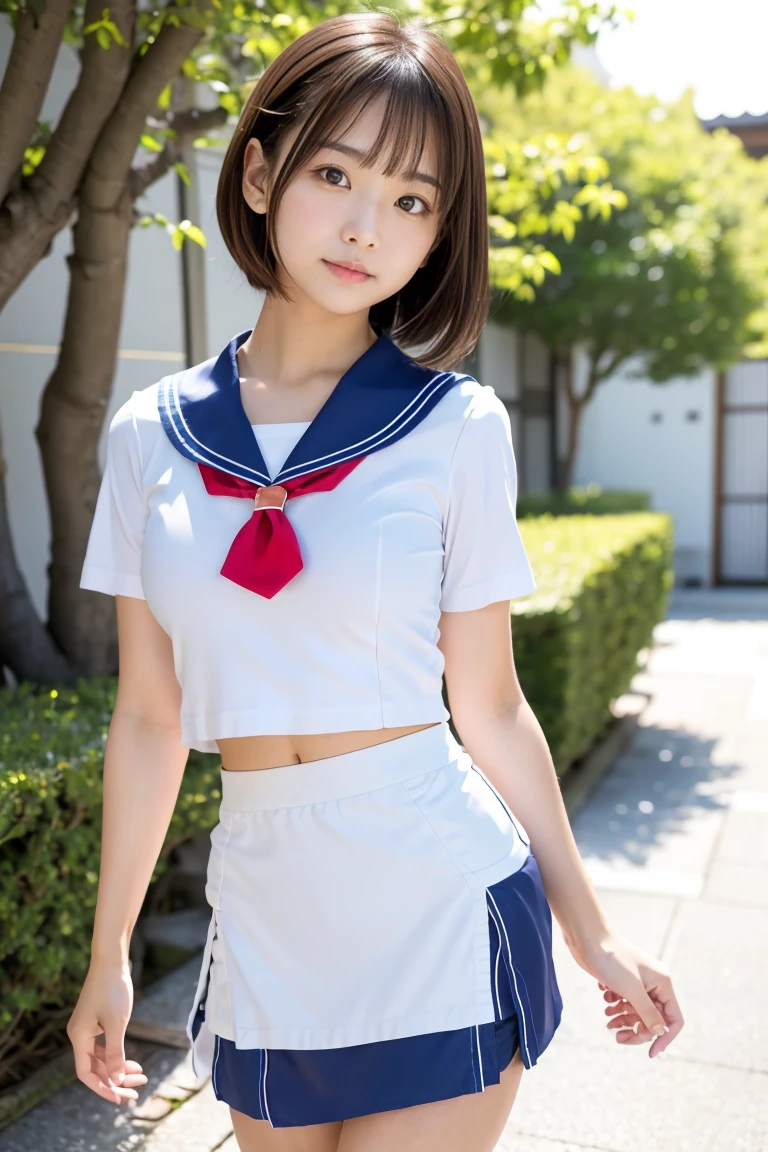 (masuter piece:1.3)、(top-quality:1.4)、超A high resolution、(eye detailed)、(facial features details)、(The specifics of the features of clothing)、nffsw、8K分辨率、solofocus、bangss、skintight、(shinny skin) )、(Slender girl)、Dreamy、(Extremely detailed illustration)、Check Commentary、Commentary Request、landscapes、No letters、Happy、Beautiful breasts、(small tits)、bangss、bobhair、short-hair、Brown hair、Brown-eyed、Black Choker、1 female、Pupils、hi-school girl、White High School Uniform、a sailor suit、pleatedskirt、Stockings、espadrilles、a miniskirt、Happy smile