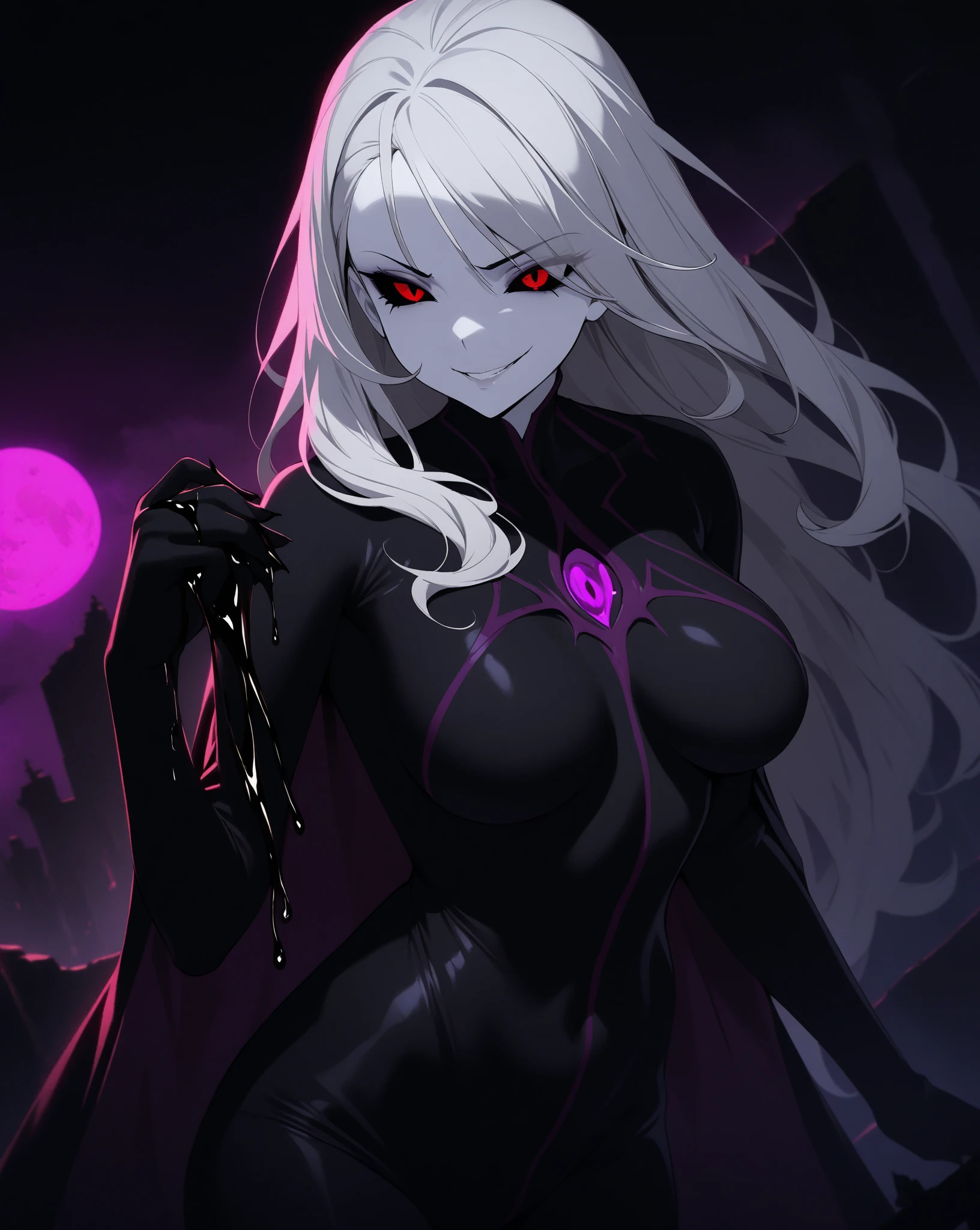 Anime woman in full black suit,white hair straight messy white hair,a black eye((Left eye)),another eye of completely white color looking like a blind person in one eye((Right eye),normal breasts,hips a little wide,curves proportional to your body,Huge black claws on both hands that release small purple flames.