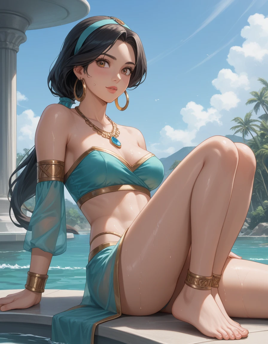 "Beneath a starlit sky in the royal palace of Sheherazade, Layla of Sheherazade swims in a luxurious pool that shimmers under the soft glow of ornate lanterns and the moon. The pool is surrounded by intricate mosaics and lush greenery, with arches and minarets casting delicate shadows on the water. Layla wears a sheer, flowing shawl over a deep emerald bikini, both adorned with golden accents that catch the light as she moves gracefully through the water. The soft sounds of distant music and the flickering light of lanterns create an enchanting, almost dreamlike atmosphere,(((back view))),(((Photo taken from below))), (((Upper body only)))