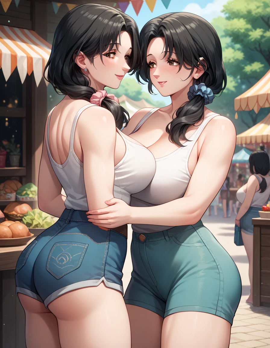 (Highest quality, High resolution, masterpiece :1.3), Tall and beautiful woman, Perfect body beauty, Abdominal muscles, chest(F Cup), (Dark brown short hair), Crop top with varsity jacket and sweatpants, Grin, At the amusement park, Exquisite expression of and skin texture details, Fine grain, double eyelid、Android 18, Stewardess, Blue Sky,