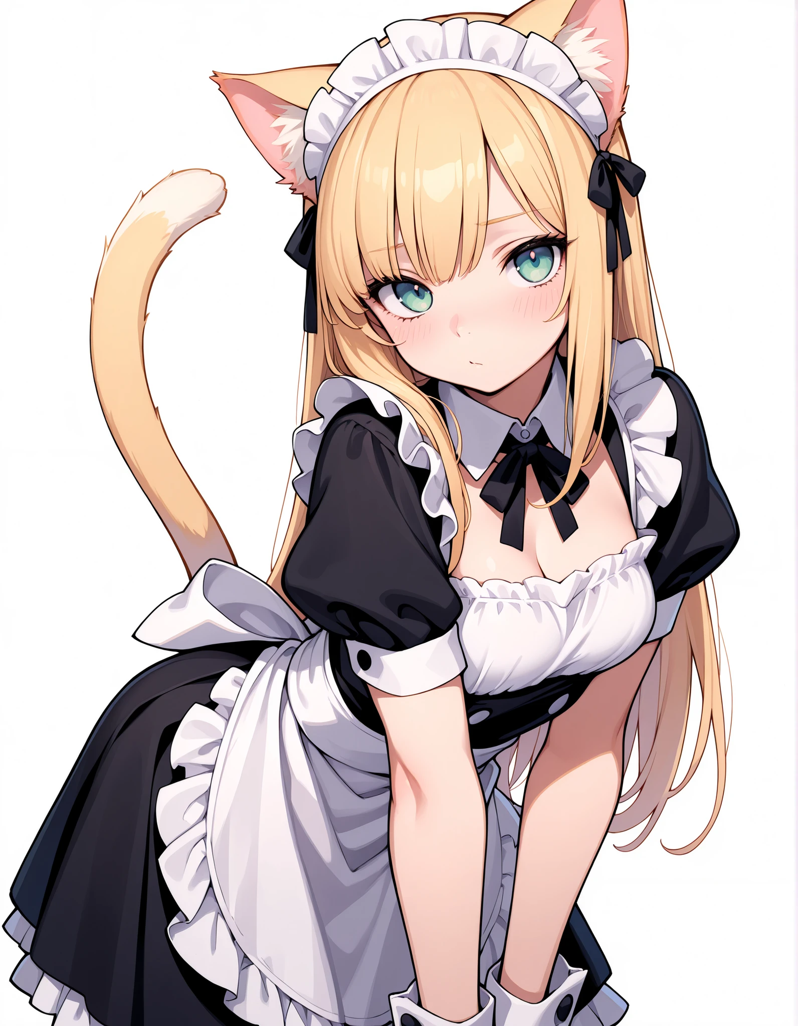 masterpiece, best quality, very aesthetic, 1girl, blonde hair, cat ears, cat tail, maid, white background