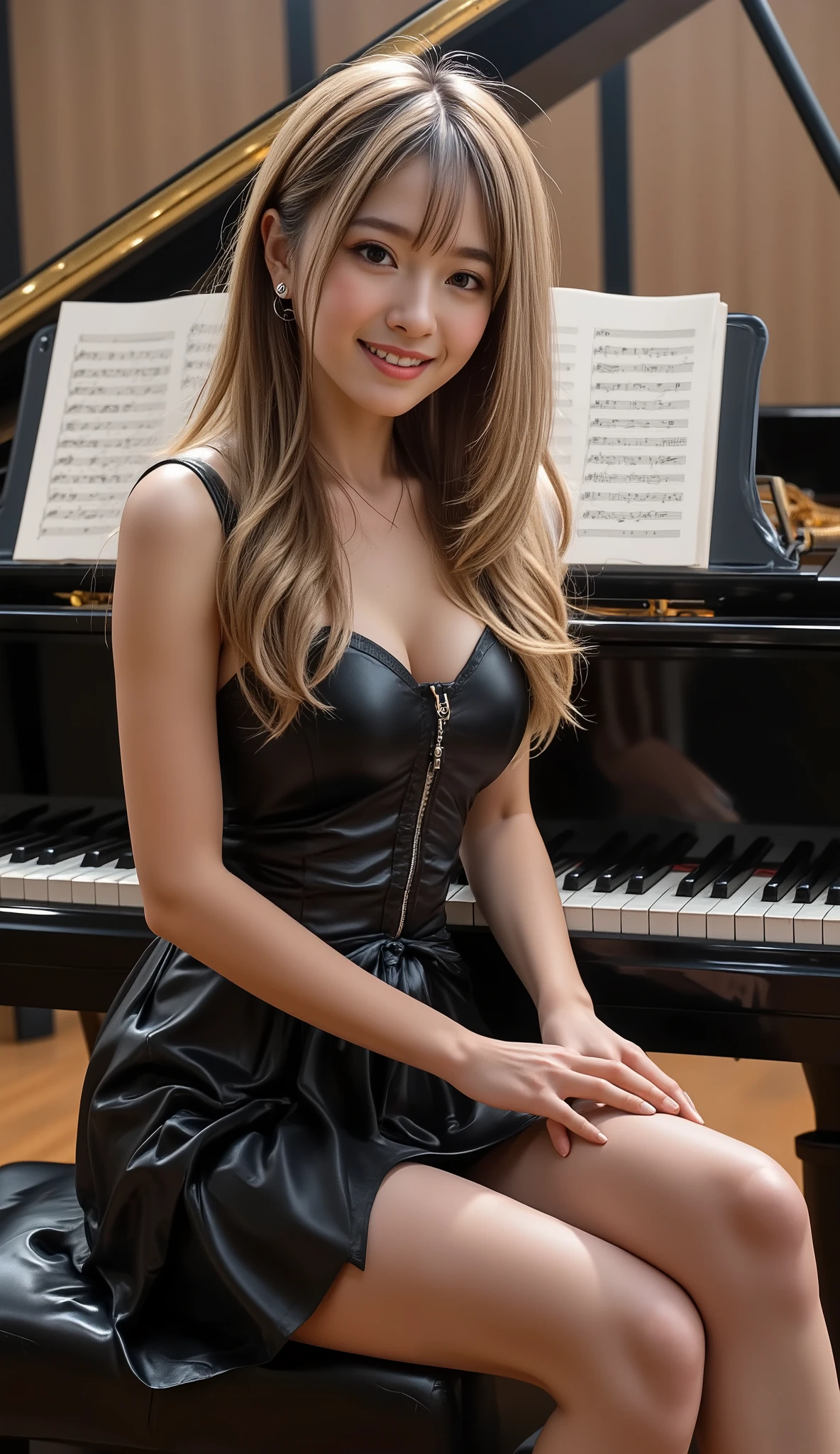 solo, realistic, photorealistic, natural lighting, (large forehead, (((Latvian woman))), (((Latvian nose))), (((Latvian eyes))), (((blonde))), (((braids))), (((Latvian face))), (((Latvian lips))), (((Latvian body))), (((fair complexion))) pose: sitting on a chair, smiling, wearing Corset-Style Dress , cleavage, , background:Located downtown, this elegant lounge features art deco accents, velvet drapes, and a grand piano. Guests sip classic cocktails amidst crystal chandeliers and black-and-white cityscape photographs, serenaded by live jazz music.