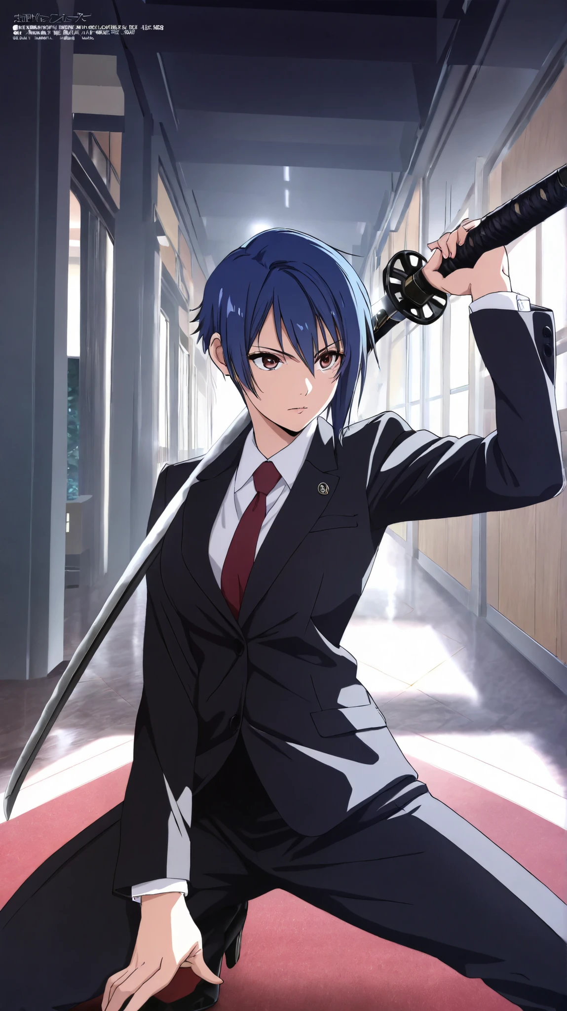 (masterpiece, Best Quality:1.2), high resolution, solo, megami magazine, 1 female, blue hair, very short hair, suits, katana, long sword