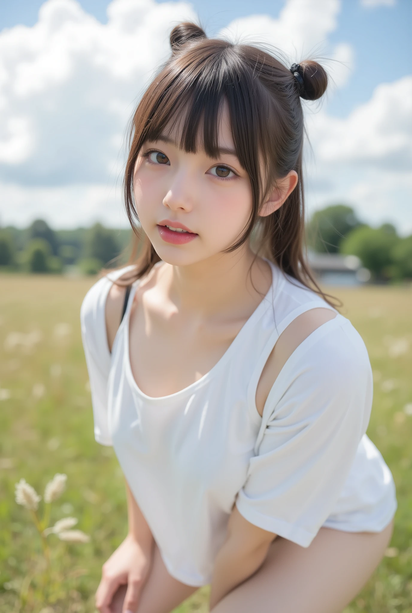Cute Lolly,,hyperreal,high resolution,Best Quality,8k,Exquisite Details,(),(Spaghetti Straps)watching viewers,depth of field,full_body_shots,landscape,twins,campgrounds,In summer,(large white t-shirt, white panties), ((Luxury、flat chested、very slender))、lower ponytail、Middle School Student、lean forward with your hands on your knees、opening their mouths、Show off your chest to the camera