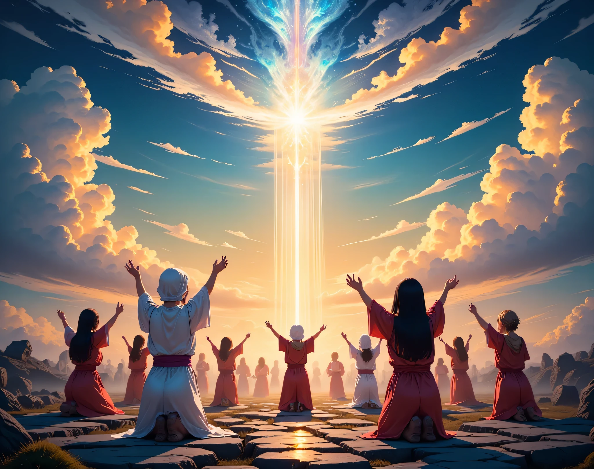 (best quality, 8k, high definition, masterpiece:1.2). (Japanese anime style), ultra-detailed, HDR, UHD, studio lighting, ultra-fine painting, sharp focus, physically based rendering, extremely detailed description, professional, concept artists, dramatic lighting, surreal atmosphere.
Characters: A group of women kneeling in unison, both arms raised toward the sky in a powerful act of devotion. They wear flowing ceremonial robes that ripple in the wind, with expressions of awe, surrender, and spiritual ecstasy. The ground is ancient stone, cracked and weathered. Above them, the sky swirls with luminous clouds and divine beams of light break through, casting holy radiance onto their faces. Dust and mist float in the air, giving a mystical feel.
Background: Vast open landscape, surreal lighting, cinematic colors (deep shadows, glowing highlights, warm amber mixed with cool blues), god rays cutting through clouds, soft haze, magical realism. Inspired by religious concept art and anime fantasy drama.