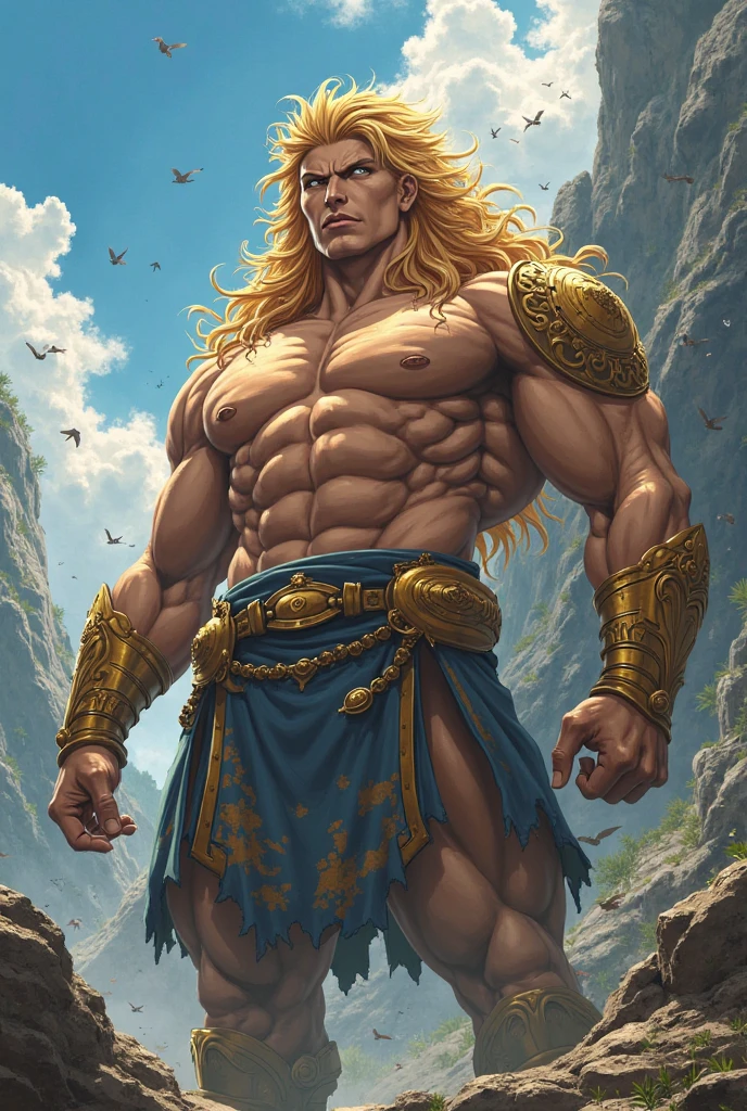 Highest quality, masterpiece, Ultra-high resolution,Detailed Background,alone,Arnold Schwarzenegger,Blonde,Blue Eyes,Long Hair,(loincloth), beard, an old man,temple