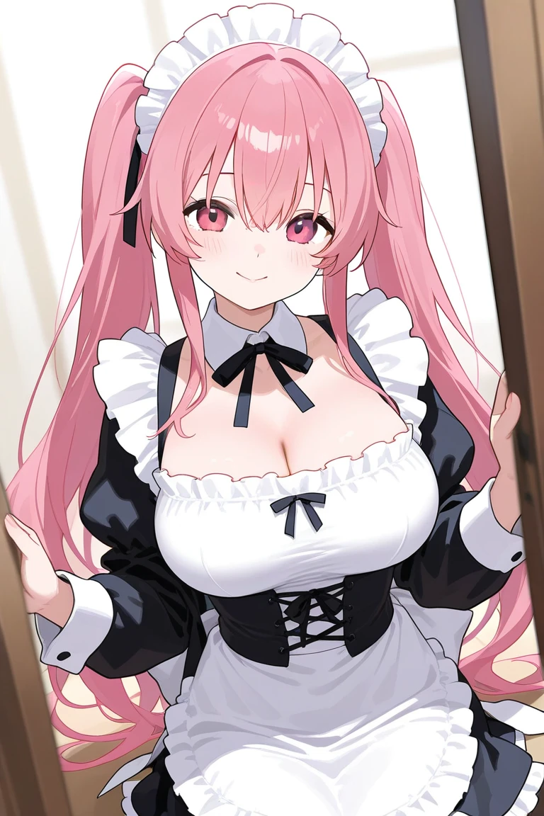 Light pink hair、twin tails、Rabbit、red maid outfit、big breasts、ribbon、orange eyes、upward glance、white background、heart