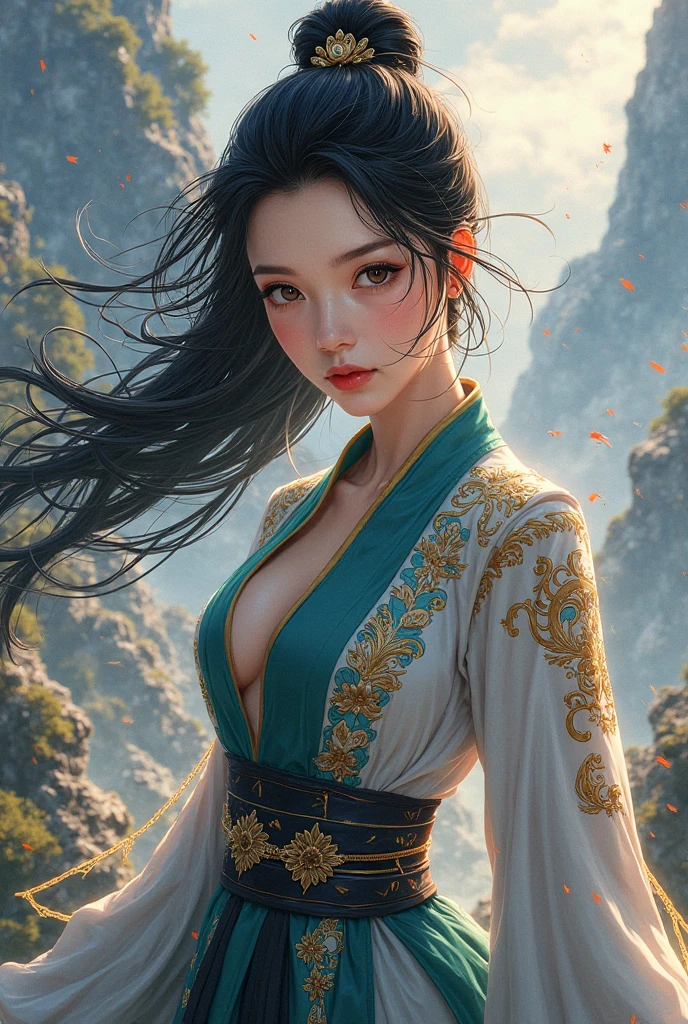 4K, ((very delicate))realistic, high resolution, woman in pine forest, alone, dark night, a ray of moonlight, dark brown hair, long hair, tearful sadness, angry lips, look at the viewer, (detailed face), super super big, 1 long, thin Joseon sword, big bust, thick thighs, Joseon Dynasty warrior wearing a bikini, 25 years old, looking straight ahead, Zoom in from face to waist,