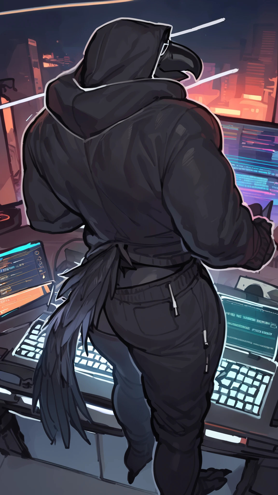 crow man, full body, solo, (black feathers, black crow beak, wide soulders, croptop hoodie, deep v neck hoodie):1.3), masculine face, masterpiece, dark eyes, masculine face, masculine attitude, solo, great lighting, by bebebebe, by ZIXiong, by zackary911, by SligarTheTiger, by RED8EAN, soft colors, white outline, ((hacker, hacker outfit):1.1), solo, very detailed face,((typing on a hacking computer, many screens, cyberpunk ambiance):1.1), very detailed face, detailed face expression, ((very detailed clothes, very detailed body texture, cyberpunk ambiance):1.2),