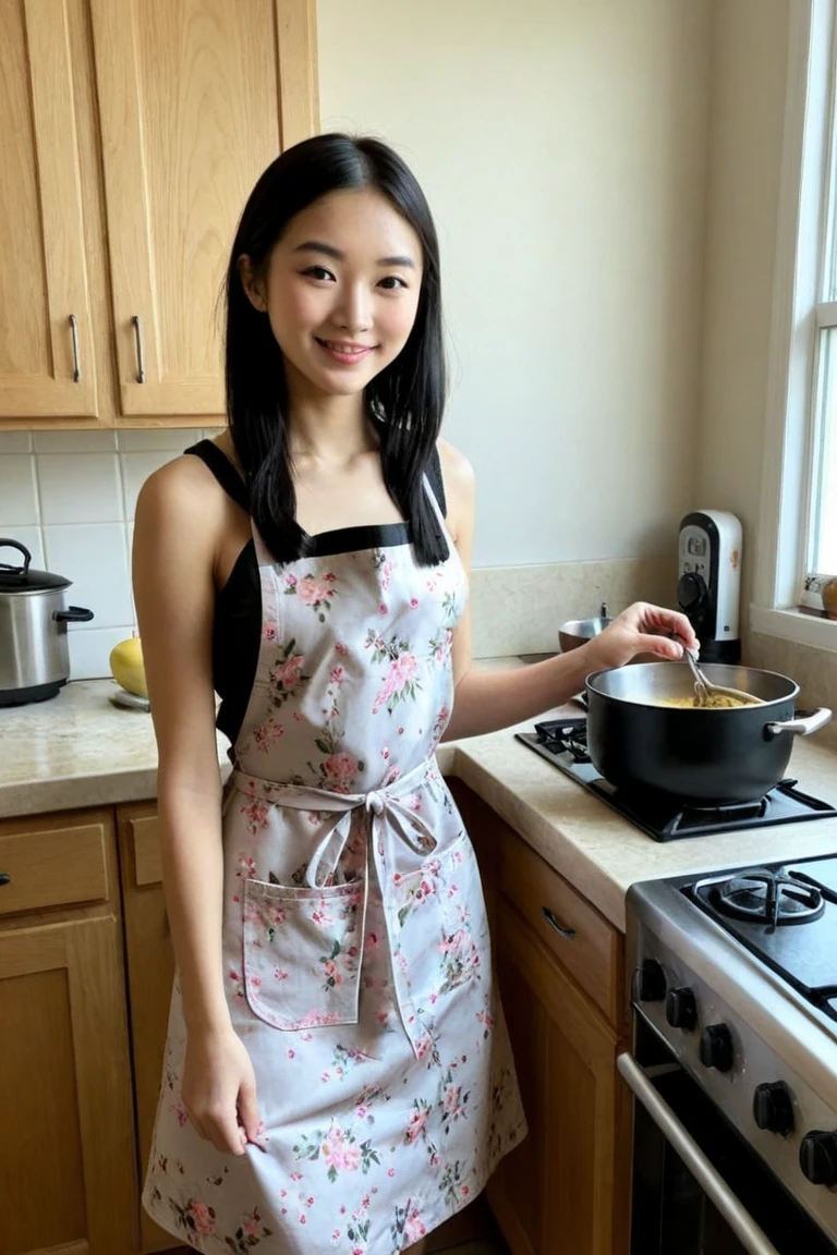 a selfie of young Asian women, sleeping in the bed, wearing dark green apron, his Eyes rolled up, wince, (orgasm:1.5). Half body. taken with iphone camera