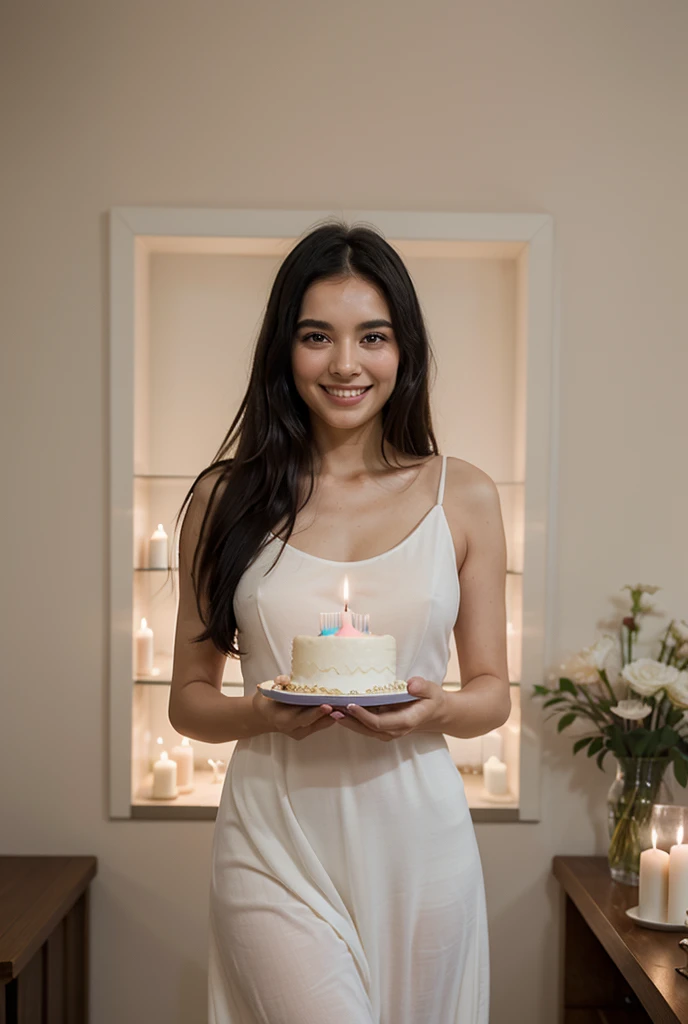 beautiful Asian woman, 30 years old, wearing a pink colored birthday dress, intricate design, looking elegant, smiling slightly, next to a birthday cake, decorated with 30 candles, awesome birthday decorations behind her and label says happy birthday, several small light bulbs, volumetric lighting, UHD , highly detailed, ornate details, masterpiece, top quality, Professional photography, bokeh, natural lighting, canon lens, shot on dslr 64 megapixels sharp focus