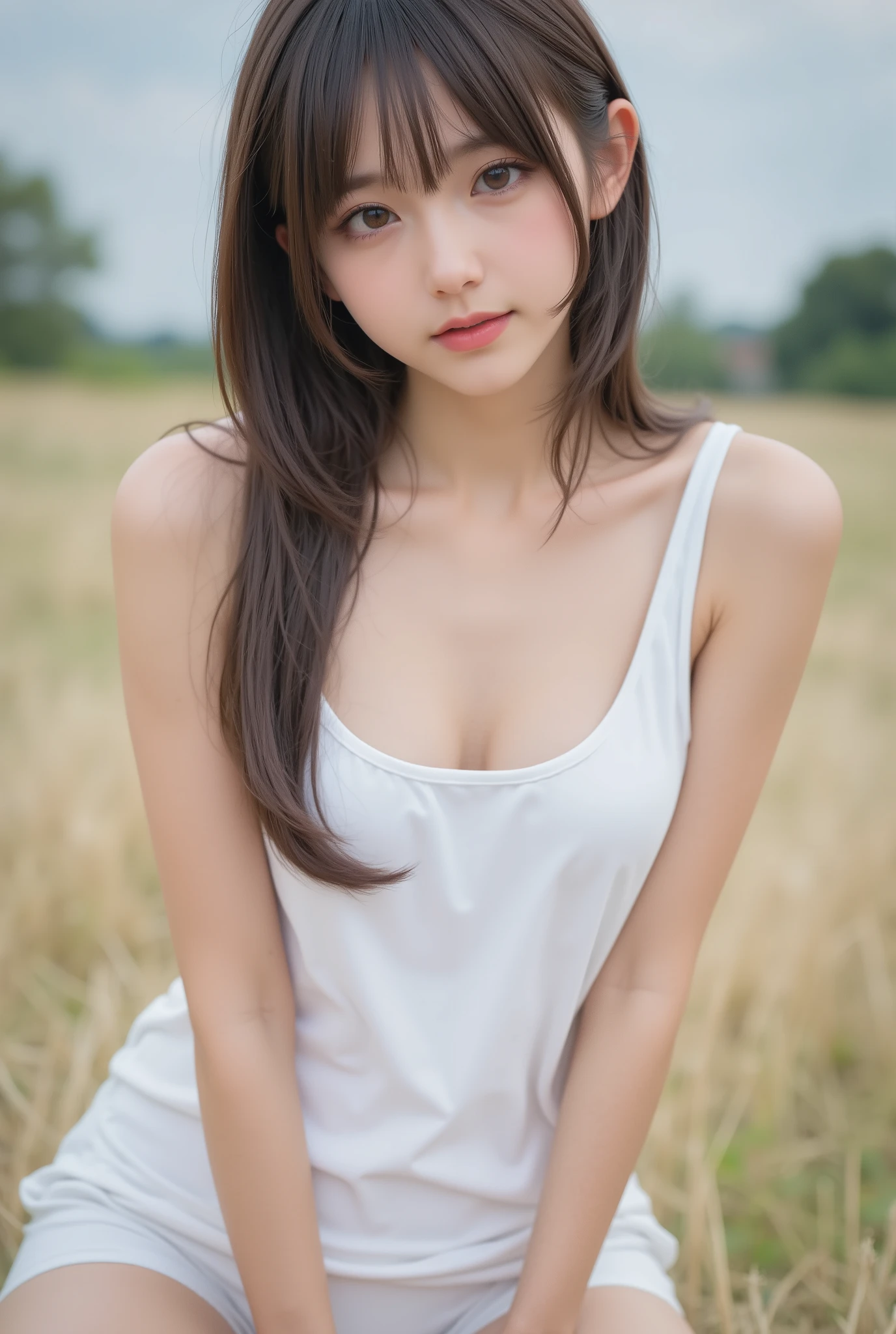 Cute Lolly,,hyperreal,high resolution,Best Quality,8k,Exquisite Details,(),(Spaghetti Straps)watching viewers,depth of field,full_body_shots,landscape,twins,campgrounds,In summer,(long white long oversized open chest sleeveless t-shirt, white panties), ((Luxury、flat chested、very slender))、lower ponytail、Middle School Student、lean forward with your hands on your knees、opening their mouths、Show off your chest to the camera、Nipples seem to be slightly visible