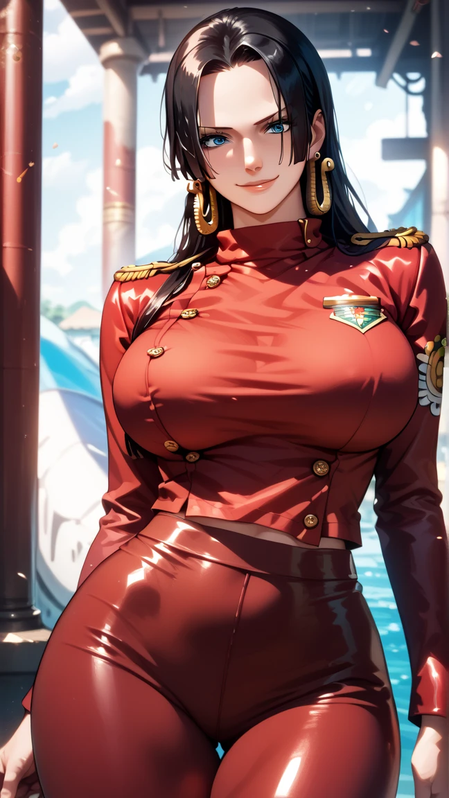 (masterpiece), best quality, expressive eyes, perfect face, front lighting, (outside at sea onboard a Marine Battleship background), (posing), (seductive look), (cleavage view), (1girl, Nico Robin, milf, latina, dark skin, short black hair with bangs, straight flat hairstyle, brown eyes, hourglass figure, thick body, curvy body, large breasts, huge breasts, oppai, large cleavage, wide hips, thick thighs), (white button suit jacket dress, long sleeve, exposed breasts, white skirt, shoulder pads with tassles, marine badges, marine ribbons and medals pinned on clothes, marine captain hat), 