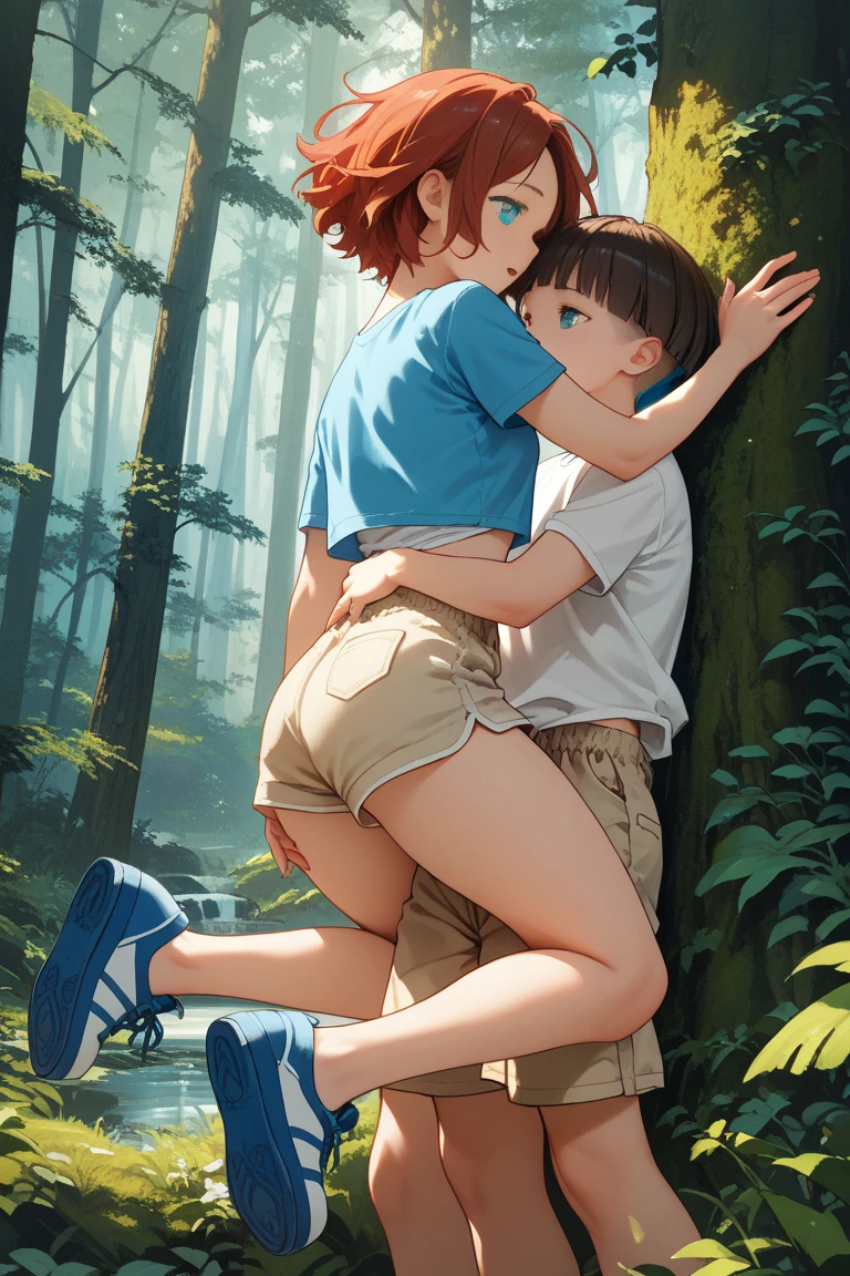 Feet in white open sandals and straps on legs of a white female ager except for the body and in the grass and sky And that a 1 male teen with a mask and glasses and a hood hugs the feet