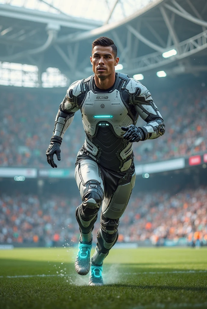 Generate an image of Cristiano Ronaldo with mega futuristic glasses, estilo Cyborg, half man and half robot, robot body parts, sem escritas, Imagem de corpo inteiro lente de 15mm, hiper realista. 