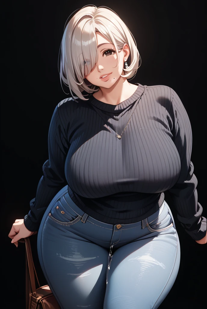 (Uhd, Masterpiece, Textured Skin, Super Detail, High Details, High Quality, Best Quality), Detailed Face, 1woman, mature pretty woman:1.5, ((Wide hips, thick thighs, massive huge breasts)), gray hair tied up, (loose top), jeans, (Huge Body), (Hair tied up with side bangs)