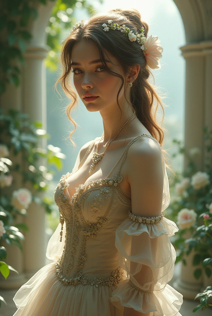 This is realistic fantasy artwork set in the an enchanted pastel bubblegum and rose garden. Generate a proud woman with a highly detailed face dressed in the billowing folds of a stunning French silk ballgown. The woman's sweet face is ((((highly detailed, with realistic features and soft, puffy lips.)))) The ballgown is embellished with ruffles, sashes, and bows and a delicately, but intricately, hand-embroidered bodice. The corset features silk ribbon. The woman's stunning eyes are beautifully detailed, featuring realistic shading and multiple colors and high resolution. The woman is in a garden of eternal roses, each one beautifully formed and highly detailed. These realistic roses feature shimmering shades of pink, yellow, orange, and glimmering red. The eternal rose is a deep shade of red with shimmering pink overtones and undertones. Ensure that the woman's face, hair, and eyes are perfect. Important: include interesting details like stars, bubbles, ((and glitter)). realism, high fantasy, whimsical fantasy, storybook fantasy, fairytale fantasy, fantasy details, enchanting, bewitching, 8k, hires, cgi, digital painting, unity, unreal engine, (((masterpiece))), intricate, elegant, highly detailed, majestic, digital photography, art by artgerm and ruan jia and greg rutkowski, (masterpiece, finely detailed beautiful eyes: 1.2), hdr, realistic skin texture, (((1woman))), (((solo))), Include a highly detailed face, extremely detailed face, and interesting background.