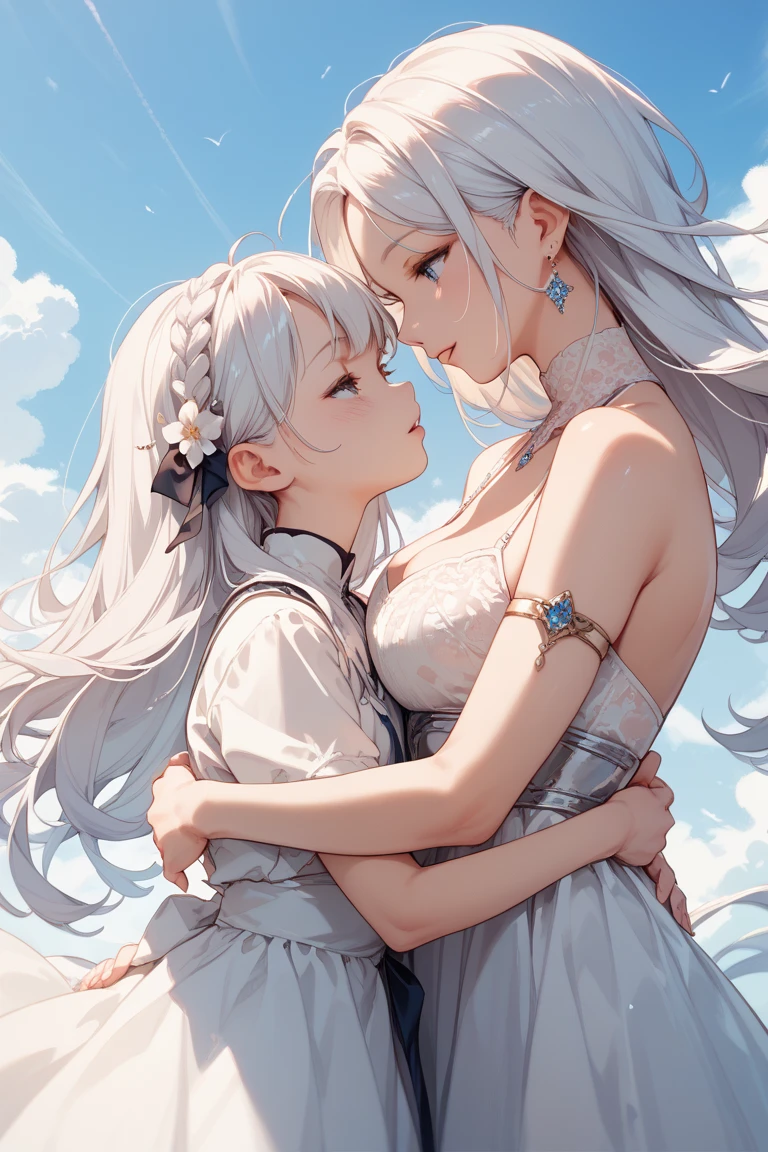 (2girls:1.4), (height_difference:1.7), (size_difference:1.3), (mature woman: 1.5), (yuri:1.3), (hugging:1.2), (:3), cute, (a giantess looking down at a girl: 1.2), (she is much taller than her: 1.5), looking at another, serafuku, school, (foreshortening:1.3), hearts, cleavage, anime girl with colorful hair and a colorful dress, rossdraws pastel vibrant, rossdraws cartoon vibrant, anime style 4 k, beautiful anime portrait, artgerm colorful!!!, ! dream artgerm, beautiful anime girl, anime styled digital art, anime art wallpaper 4k, anime art wallpaper 4 k, digital anime art, extremely detailed artgerm