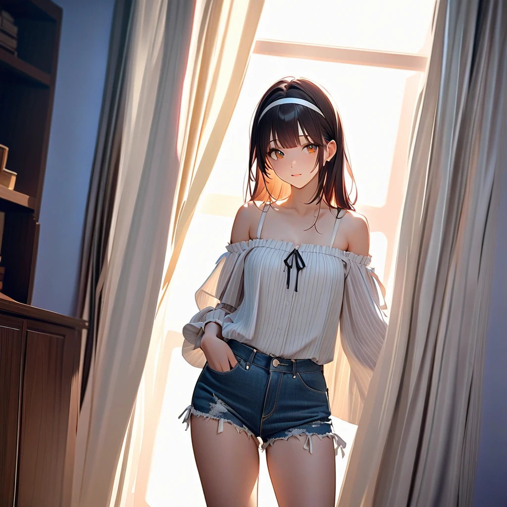 Fantasy art、(((masterpiece, highest quality:1.5))),cowboy shot,20 year old beauty,solo,((very small head)),dark brown hair,ponytail hairstyle,long hair,bangs,brown eyes,shy,medium breasts,(very long body),slender body,skinny,gleaming skin,oily skin,sweat,clavicle、White bra、navel、Pleated red mini skirt、white_thighhighs、Simple bed、Simple bedroom、Student dormitory、Harry Potter World、