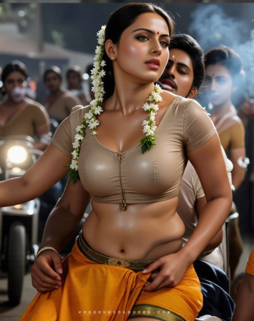 Nayanthara, orgasmic, bimbo body, tamil hot dance, deep cleavage, mini short saree panty, thighs naked, indian song dancer, serious face, big boobs, white lighting