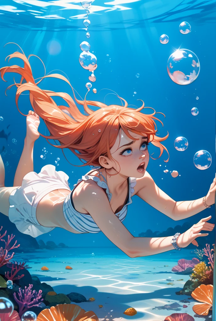 (masterpiece, 8k, best quality), photorealistic, cinematic, dynamic background, anime girl, short blonde hair, (((wide shot, full body view, from above))), (head to toe visibility), perfect anatomy, curvaceous body, alluring, perfect eyes, perfect hands, perfect eyes, detailed eyes, large breasts, round ass, long round legs, (((underwater:1.5))), (((Off-Shoulder Bikini in Coral and Peach color, underboobs))), underwater scenery, aquatic life around, bubbles, sunshine above, The swimmer's body is facedown, and the arms move simultaneously in a circular motion, propelling the body forward. The legs execute a whip kick, where the feet are turned outward and then brought back together in a snap, extremely detailed Artgem, IG model, alena aenami and artgem, krenz cushart and artgem, artgem and atey ghailan