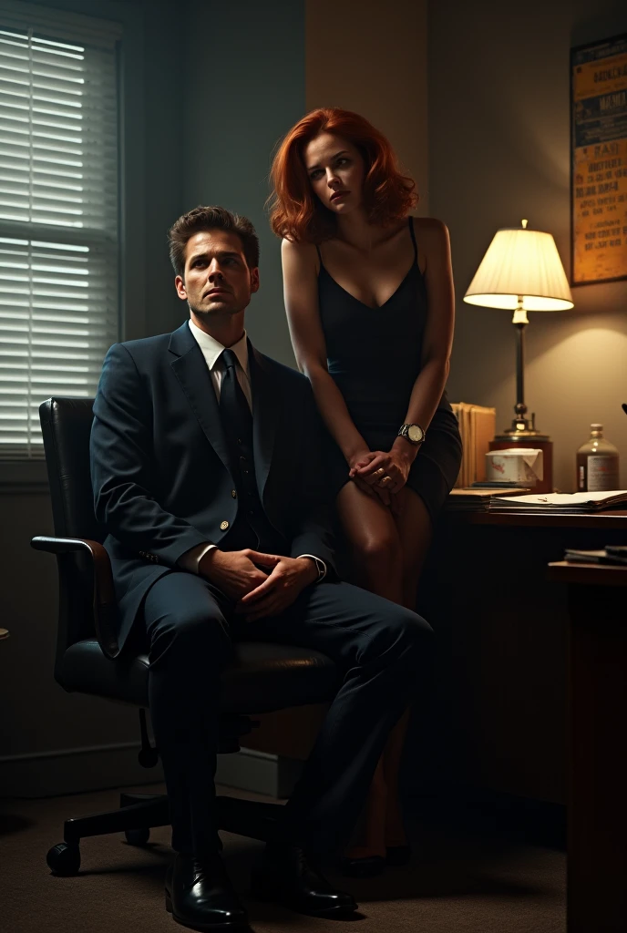 a photo taken from a distance, masterpiece, 8k, high resolution, best quality, ultra detailed), a man and a woman in the luxury hotel room. The man is looking at the viewer, he is very tall, bodybuilder, huge and exaggerated muscles, hot, perfect elongated face, handsome, bald, deep and detailed eyes, bald, shaved head, perfect body, 30 years old, muscular, very tall, skin pale, very fair skin, very tall (he's about 6 feet 5 inches), very muscular, big pecs, big shoulders, well defined abs, mischievous smile, attractive, winner, he's a model, luxury hotel room scene. and modern life. He has a coat that covers his entire body; Black tie and coat, black shoes and black dress pants, posing in a hotel room. In a cozy atmosphere The Woman: A woman (5 feet 5 inches tall) with a toned body stands in the living room sitting on the corner of the bed provocatively and looks at the viewer, she has short red and very curly hair, large breasts, slim waist and big hips, tanned and smooth skin. She has big, delicate hips, weighs about 125 pounds, and is wearing a sexy secretary dress. She has black shoes, a miniskirt, and sexy, toned thighs.