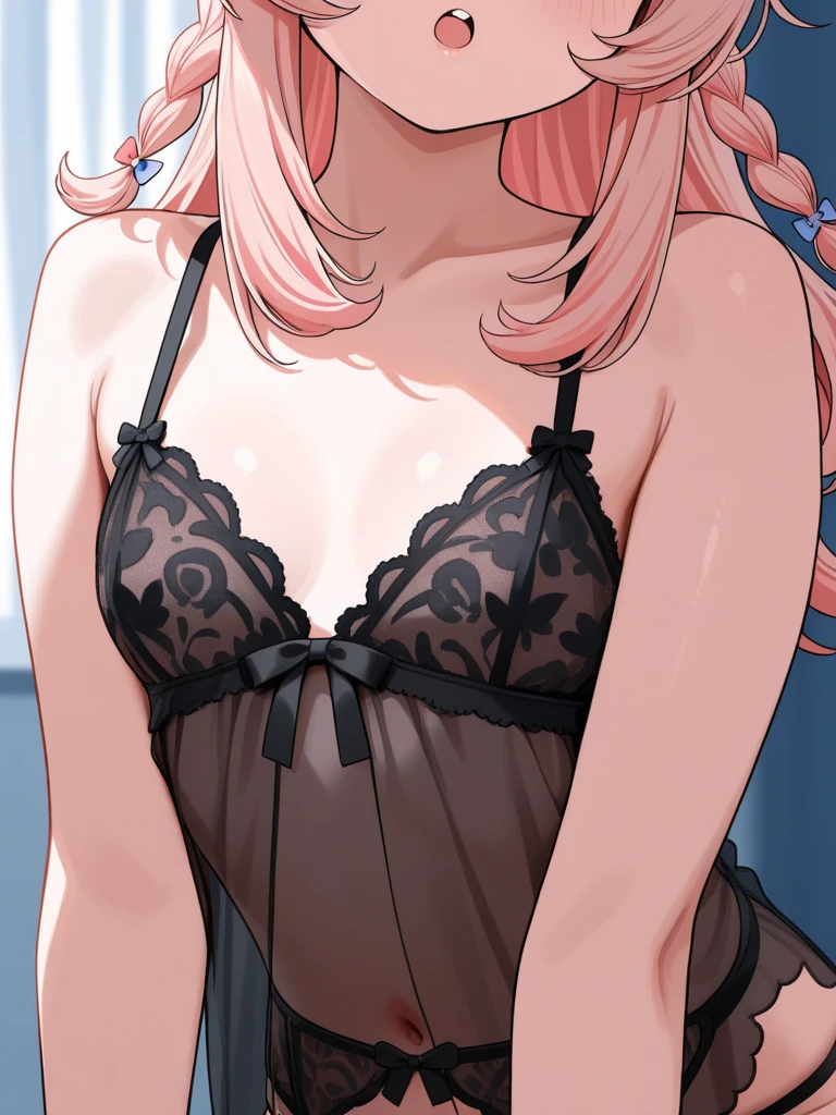 1 girl, athlete's body, big breasts, Narrowed eyes, oblong face (fishnet, lingerie, See-through, body suit, pantyhose, bare shoulders, halter neck, ), highest quality, disorganized, pink hair, choker, Bedroom, stand, NSFW