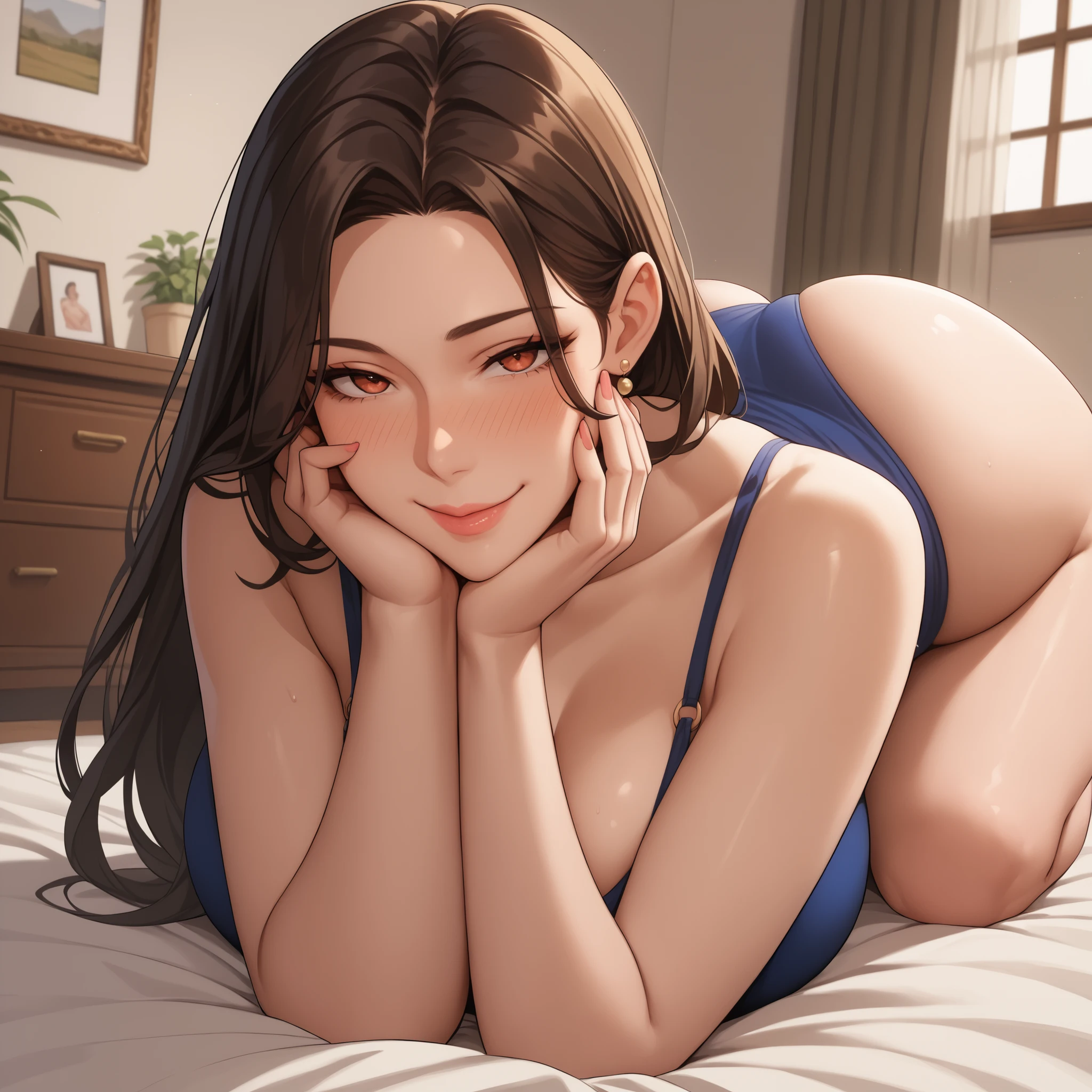 Japanese beauty naked,Cowboy belt at waist,Watch on wrist,Being drunk,View here,Hands on your stomach,Seductive pose,indoor,Above the knee shot,Lying in bed,Ultra-high resolution,16K