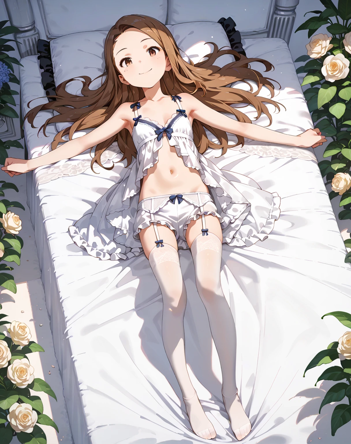 Little, Warrior girl lying on her back、Girl sleeping on her back、 Black high leg swimsuit, armor、Anna of Arendelle、Lie face up on the bed、Dark brown hair、surrounded by lots of flowers、ベッドでGirl sleeping on her back、Close ~ eyes