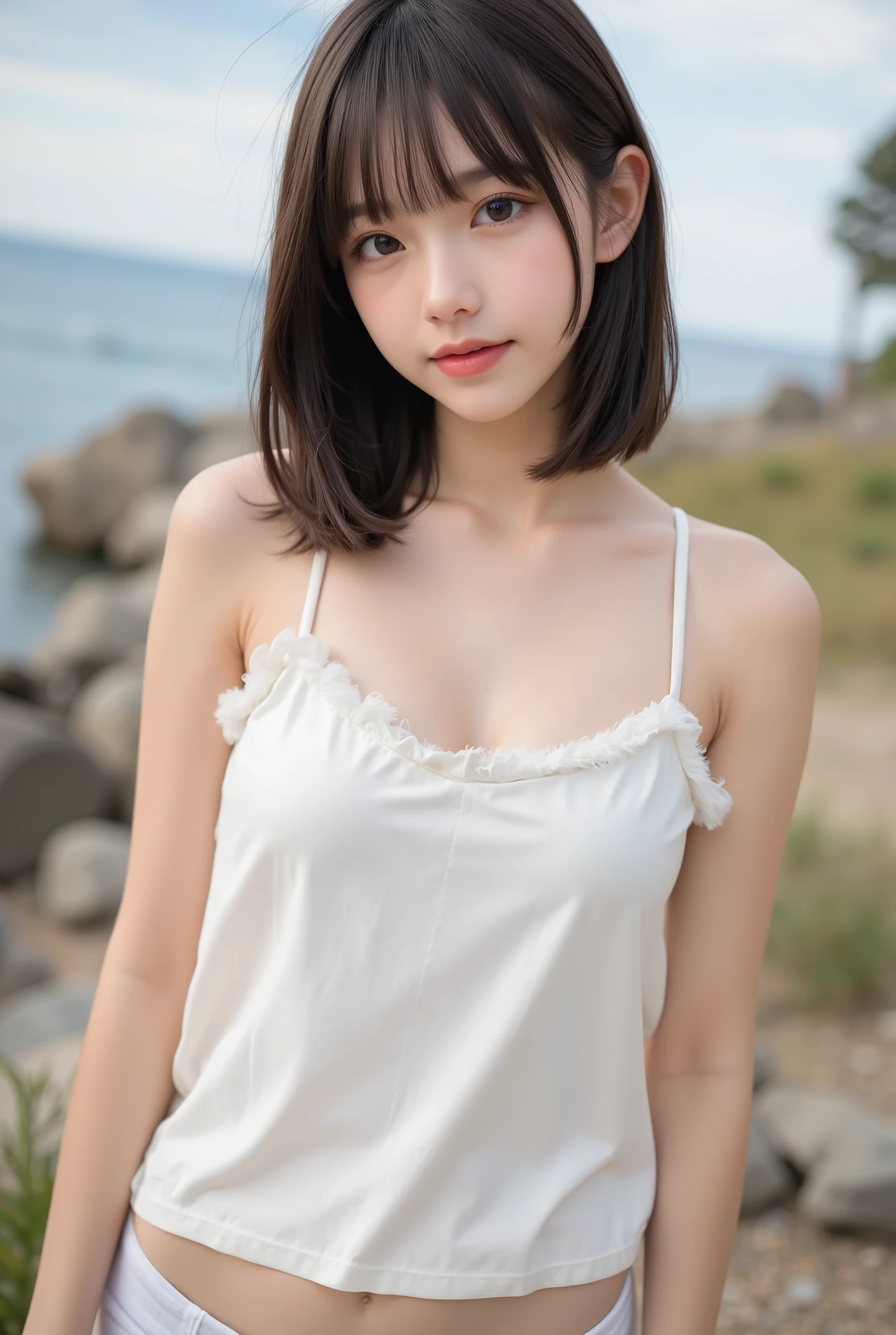score_9,score_8_superior,score_7_superior,8K, High resolution, 5 years old、beautiful girl, bright black hair, Thin Hair, Small face, cute、Highest quality,Japanese face、small mole on the corner of the eye,((Puffy eyes))、(superior目づかい)、Short Bob、Look at the opponent、Beach、口角superiorがる、Beautiful legs、Flower Hair Ornaments、sexy、Sensual、Blushing、Masturbation