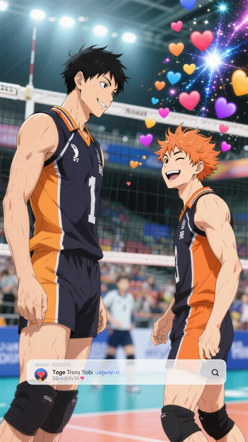 Haikyuu screenshot.
Tall boy, redhead, white with a lower lip piercing on both sides, with green eyes. With an expression of mocking laughter. He is wearing the Karasuno uniform and the volleyball court is in the background.