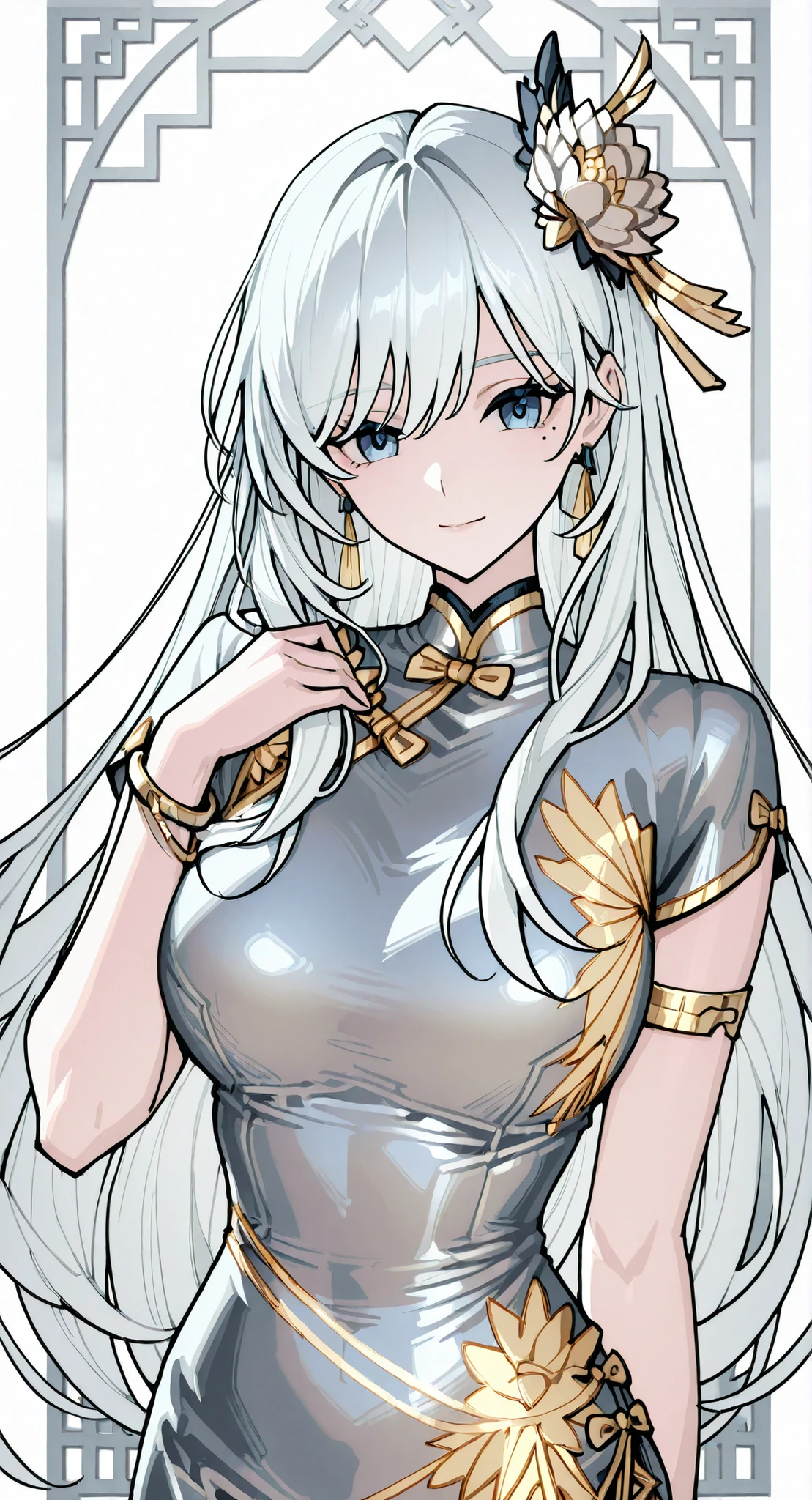 mole under eye、Armlet for left arm、bracelet for right wrist、China Dress,anime girl Picture of a woman with long white hair and a flower in her hair, gray hairの deity, Anime Goddess, gray hairの, gray hairの lady, gray hair, Zodiac knight portrait girl, Haise Jinyao, Genshin、Keking,  Full Body Senxia , Female Anime Characters Who Collect Their Boob With Both Hers, Picture of a woman with long white hair, perfect gray hairの girl,Beautiful Breasts,thin waist,,leather style dress,earring,Blue eyes