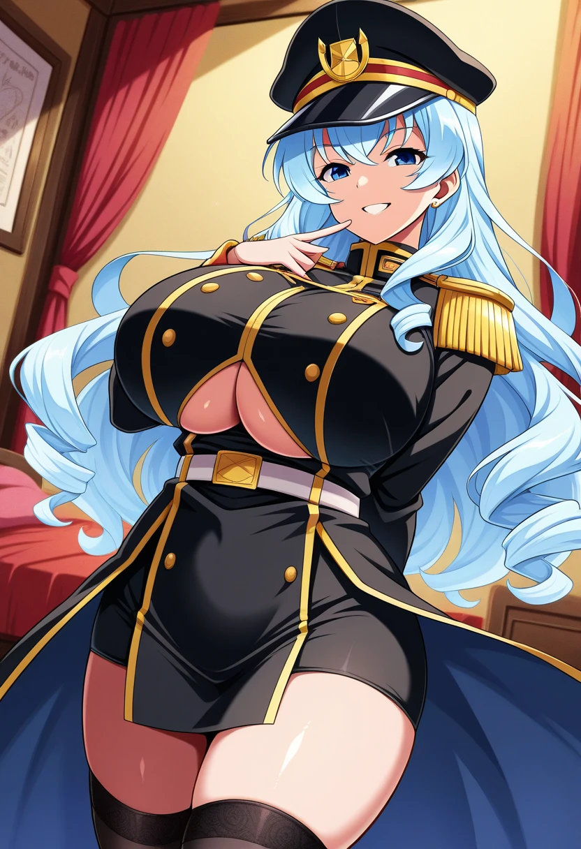 1girl, large breasts, thick thighs, wide hips, blue jacket, yellow eyes, white hair, horizontal stripes, striped bikini, smile, happy, light smile, long hair, open jacket, bikini, 2d, anime style, anime screencap, epaulettes, (blue stripes), hourglass figure